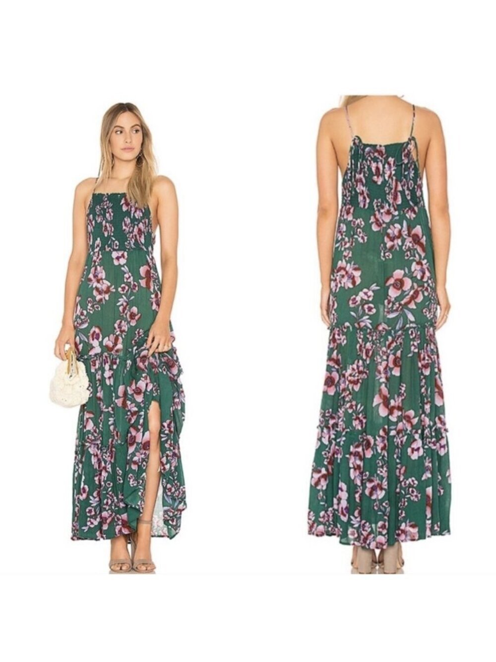 Free People Garden Party Maxi Dress Floral Green Smocked Tiered Rayon SP